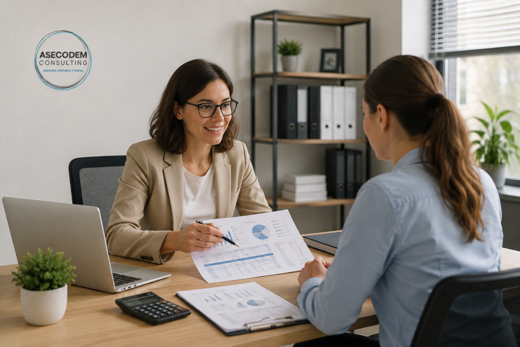 Asesoría contable en Cáceres para empresas, autónomos y particulares, con un asesor contable revisando libros, facturas y cuentas anuales y asesoramiento contable y fiscal para pymes.