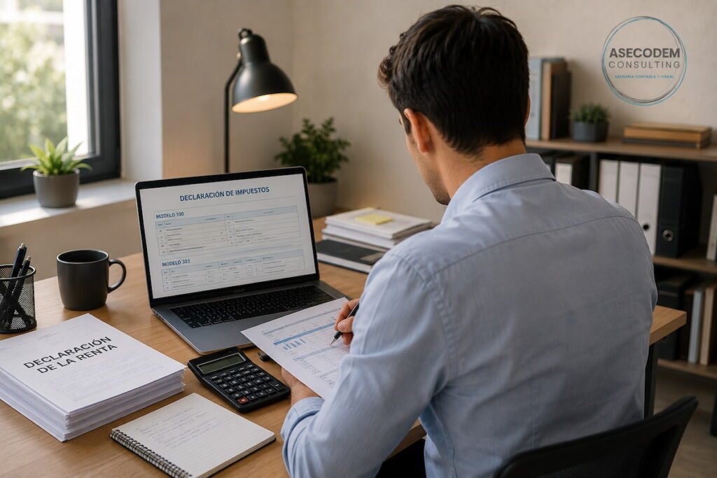 Asesoría para la declaración de impuestos de particulares, autónomos y empresas, con un asesor fiscal revisando la declaración de la renta en Cáceres y presentación telemática online.