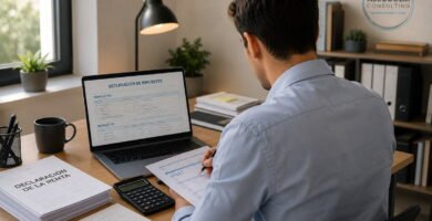 Asesoría para la declaración de impuestos de particulares, autónomos y empresas, con un asesor fiscal revisando la declaración de la renta en Cáceres y presentación telemática online.